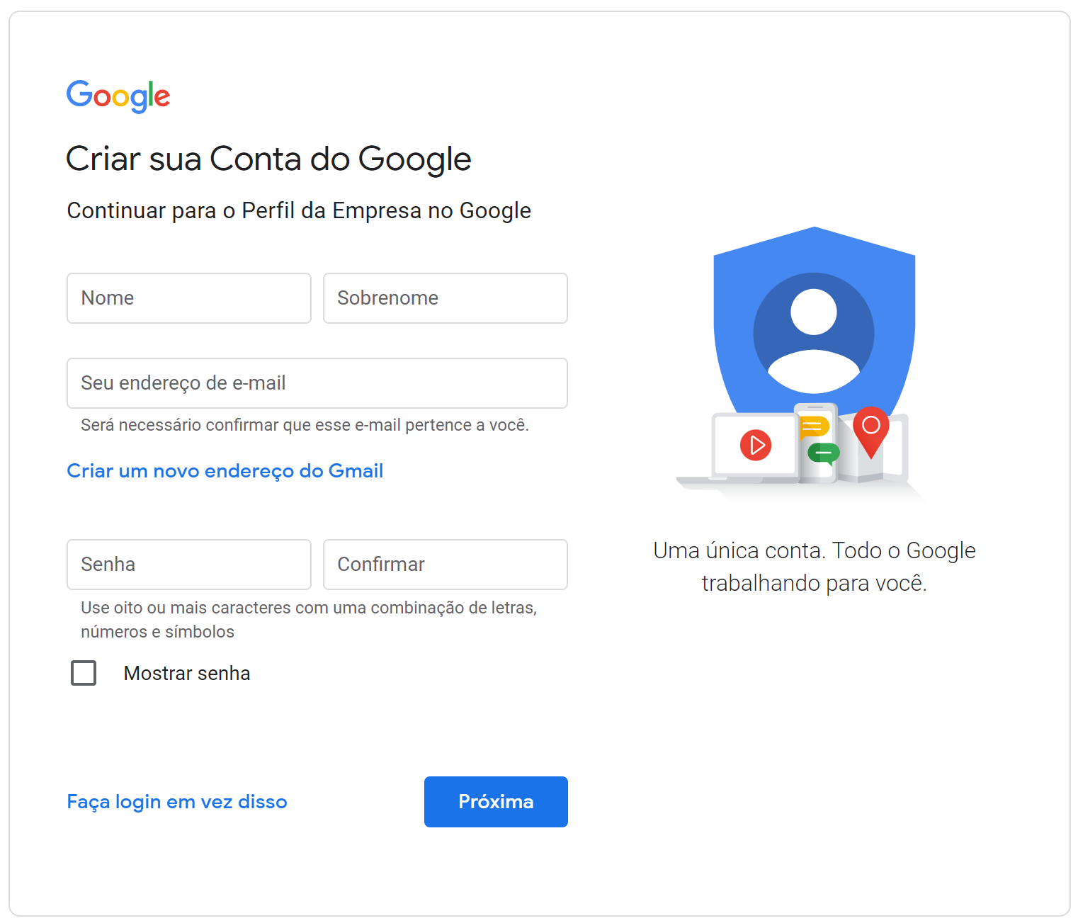 criando a conta no perfil da empresa no google