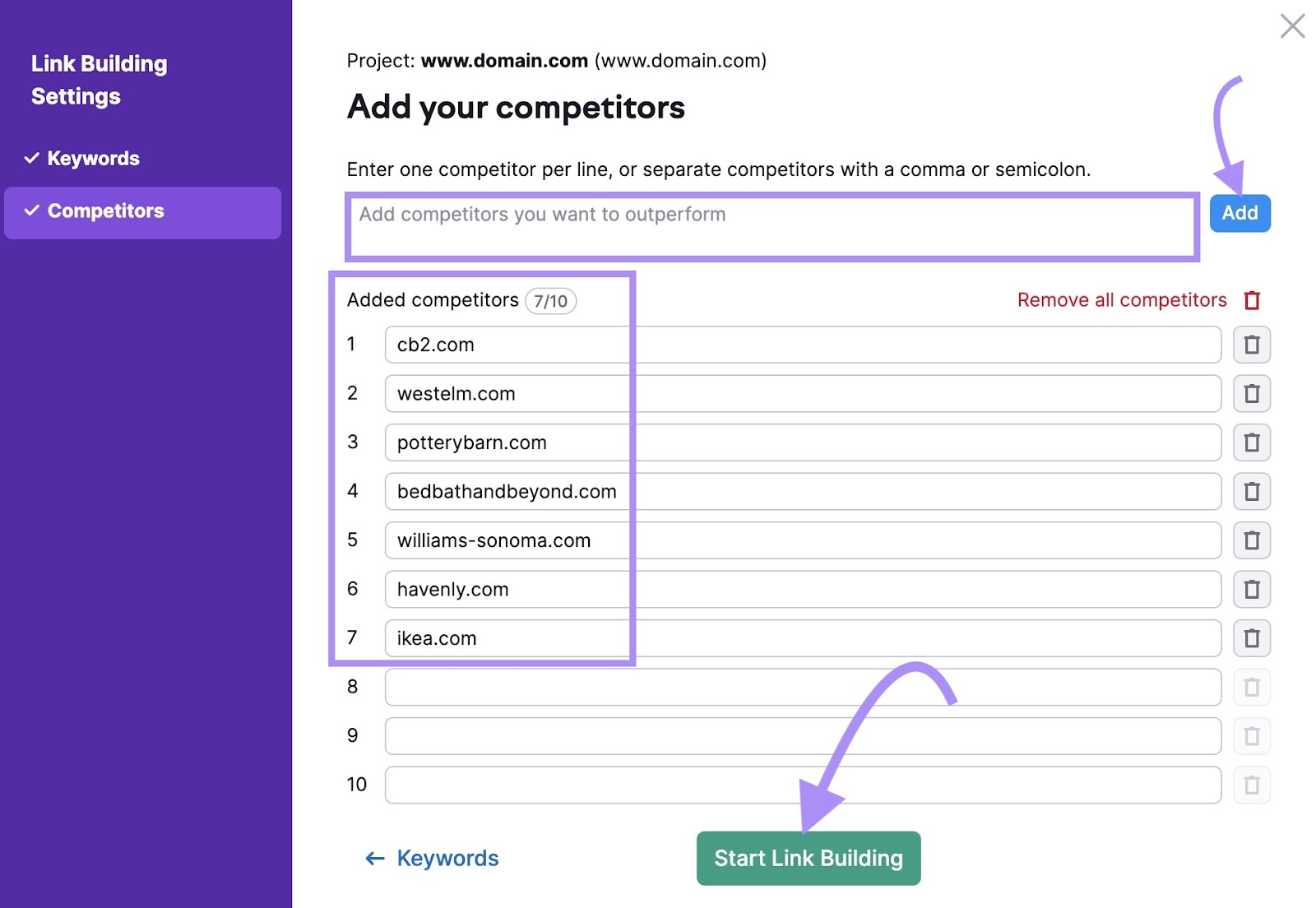 "Add your competitors" model   successful  Link Building Tool settings