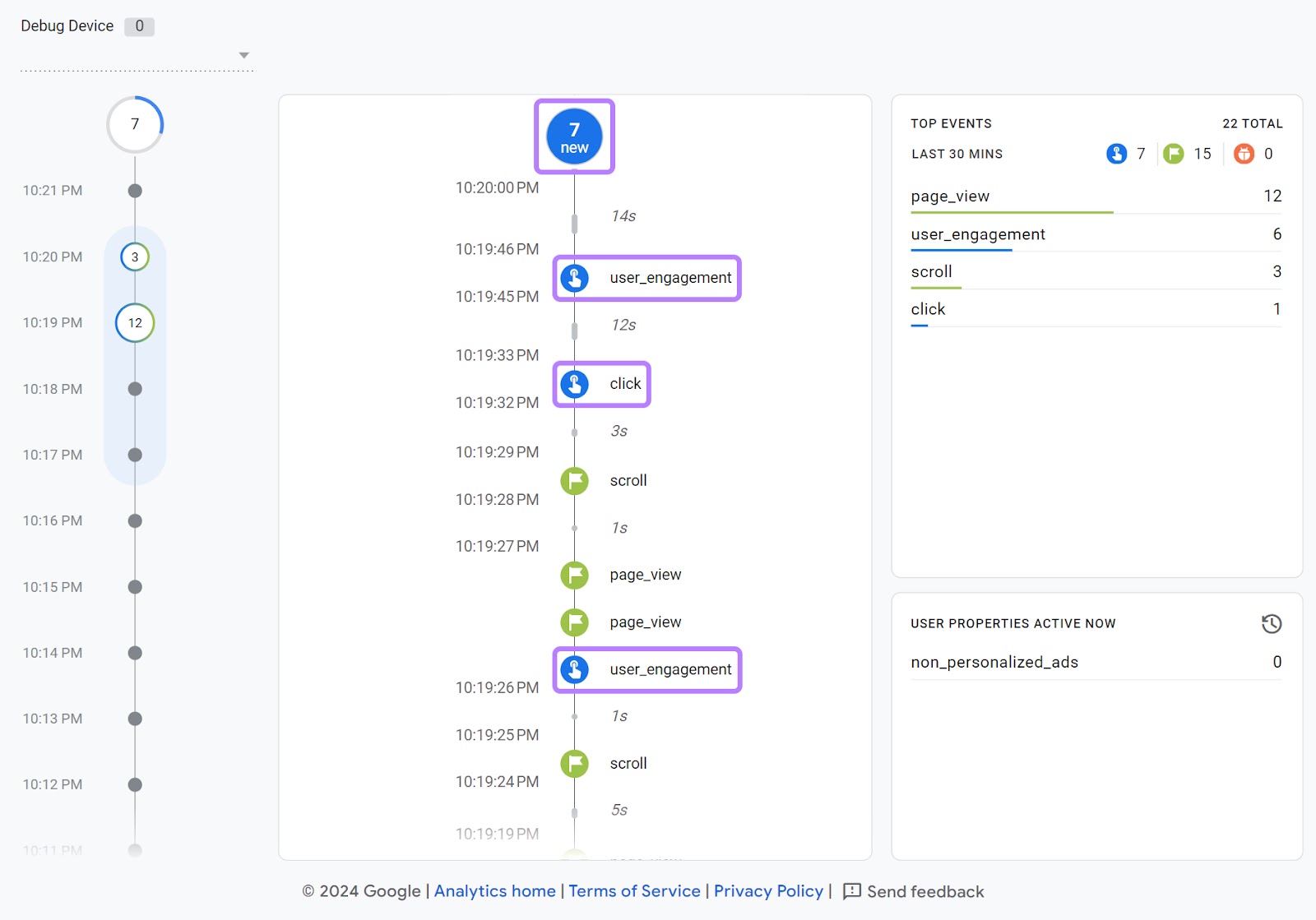 The Debug Device interface showing new events on a website