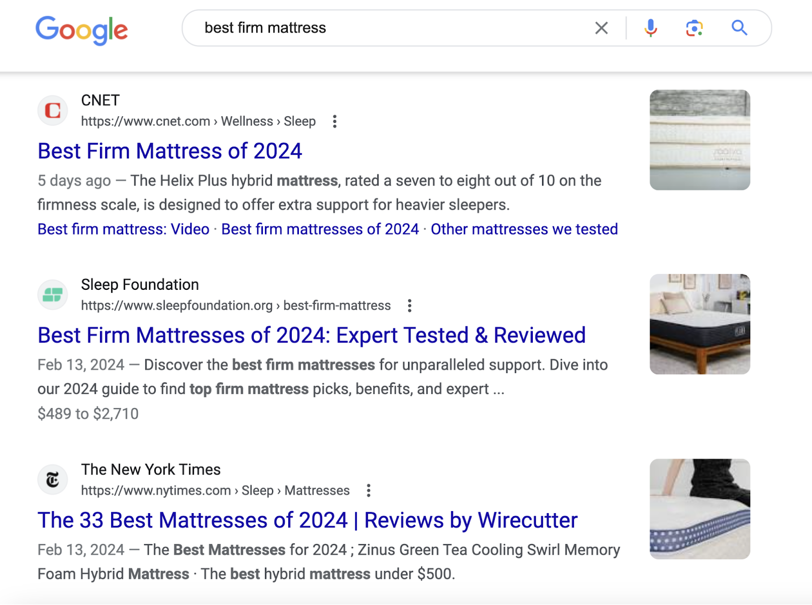 A section of Google's SERP for the “best firm mattress” query