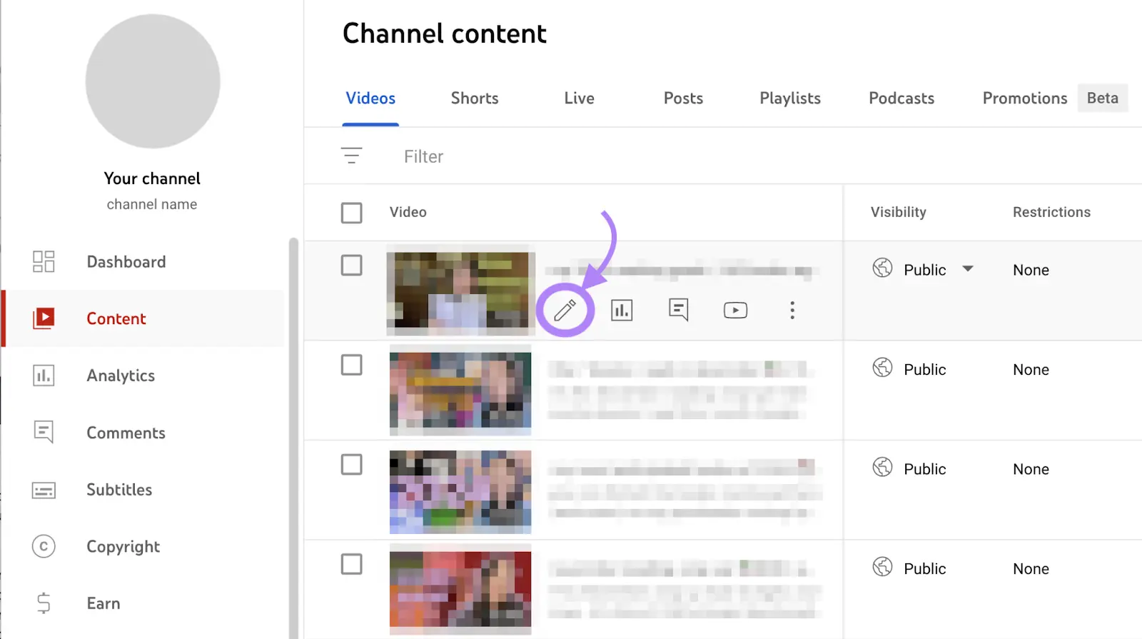 YouTube Studio dashboard with Content leafage   opened and arrow to Edit fastener  of YouTube video