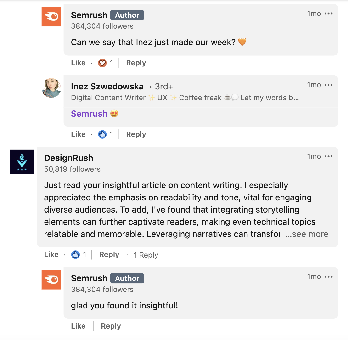 An example of Semrush's responses under LinkedIn comments section