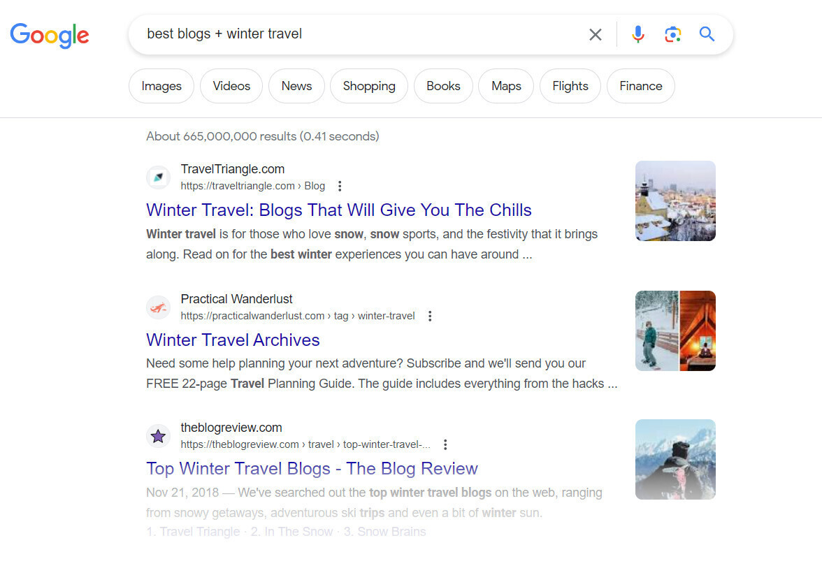 Google SERP for “best blogs + winter travel” search