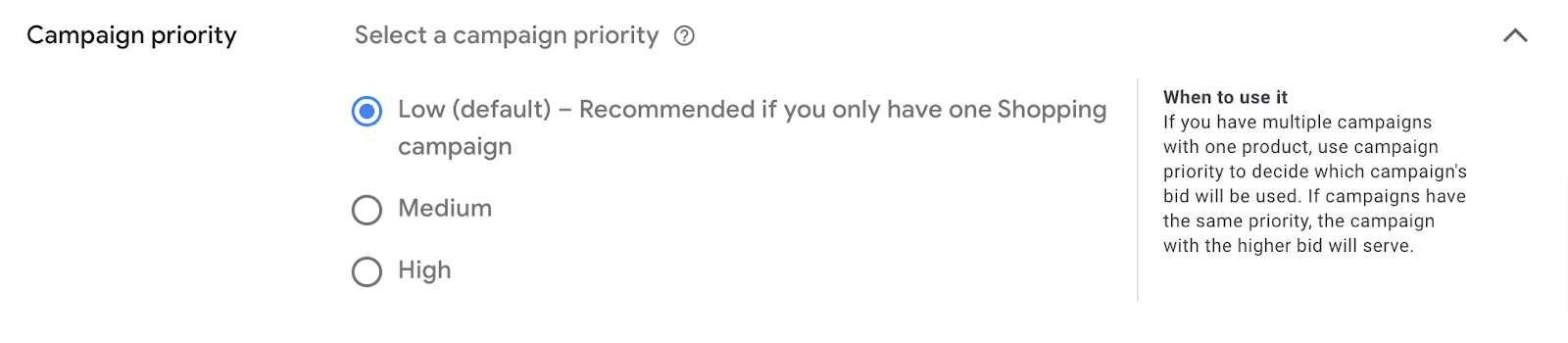 "Campaign priority" section in setting up Google Ads