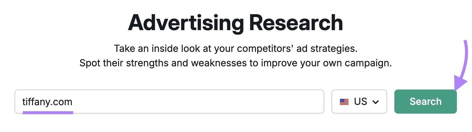 Advertising Research tool start with "tiffany.com" entered as the domain and "Search" clicked.