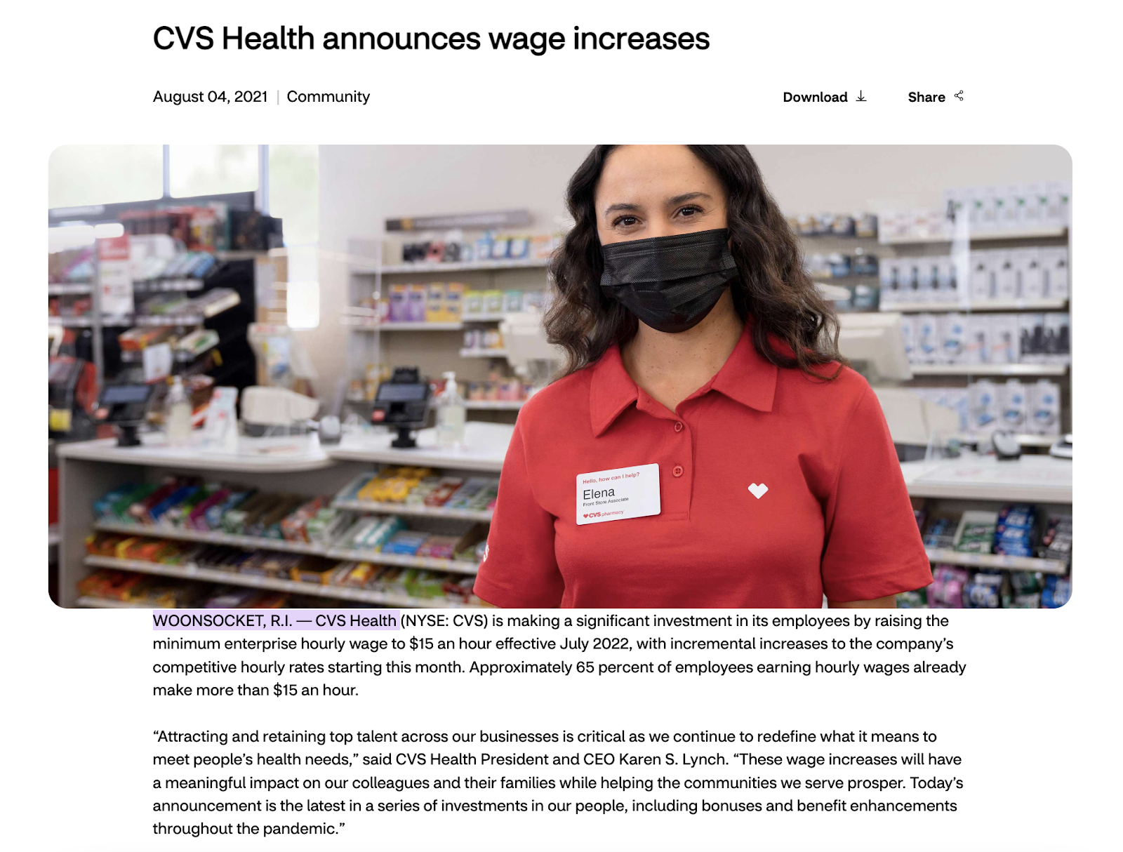 "CVS Health announces wage increases" article