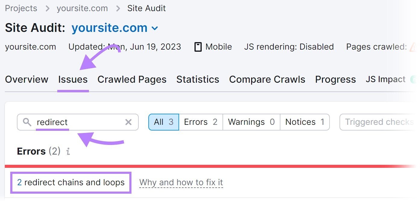 Errors section in Site Audit showing “2 redirect chains and loops” 