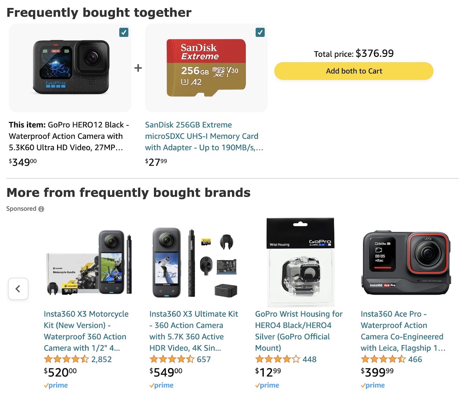 Amazon's recommendation system showing items frequently bought with a "GoPro" camera.