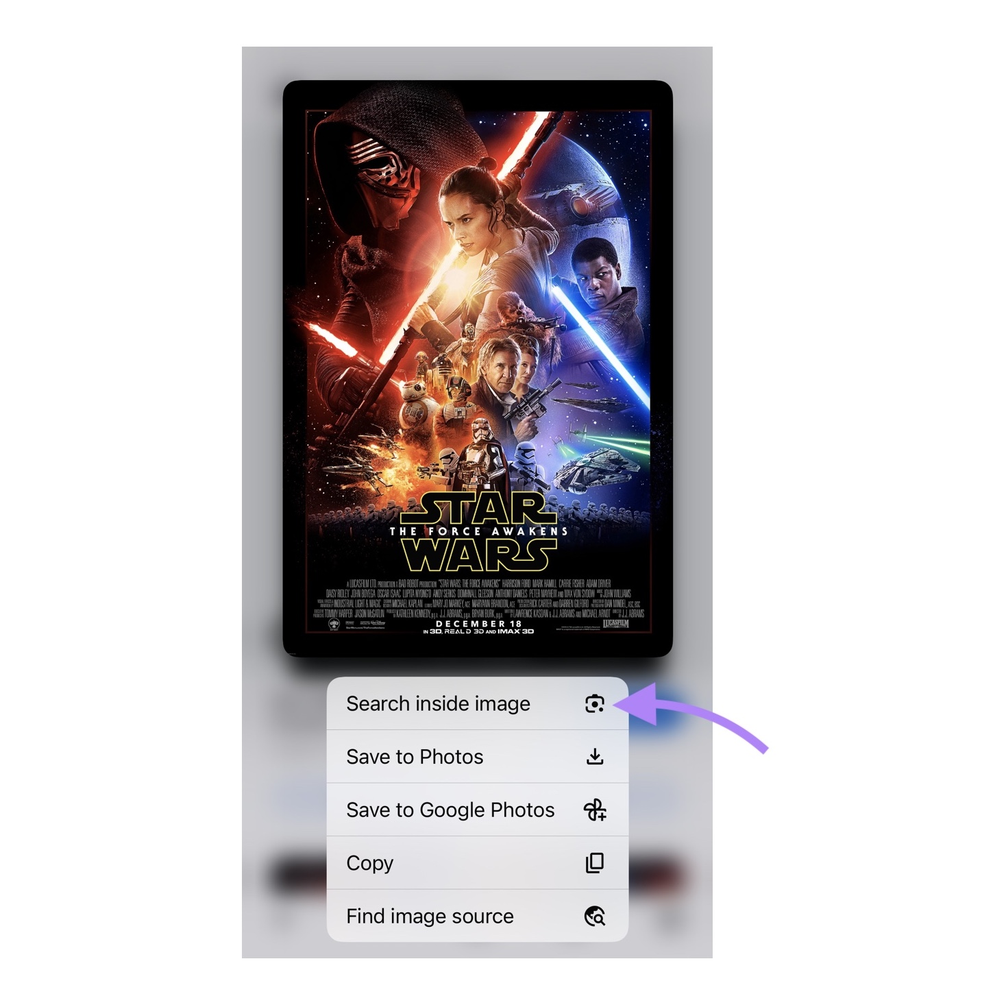 "Search inside image" clicked from the options menu of an image from the Chrome browser.