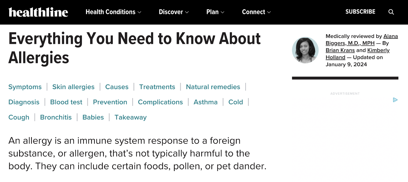 Article de Healthline intitulé « Tout ce que vous devez savoir sur les allergies »