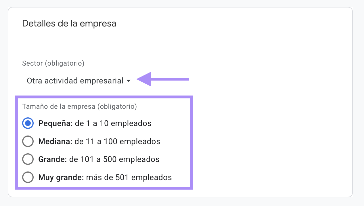 Selecciona el tamaño de tu negocio