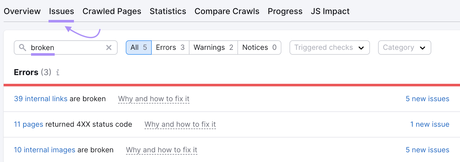 search for “broken” in Site Audit "Issues" tab