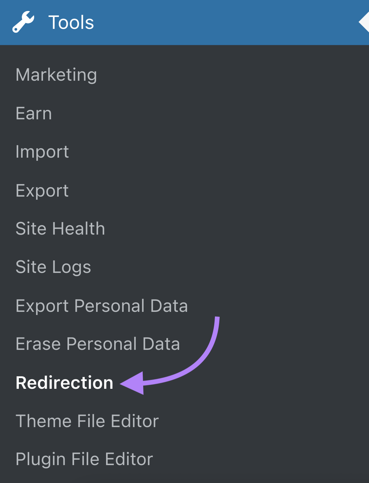 “Redirection” ،on highlighted in the "Tools" section of the menu