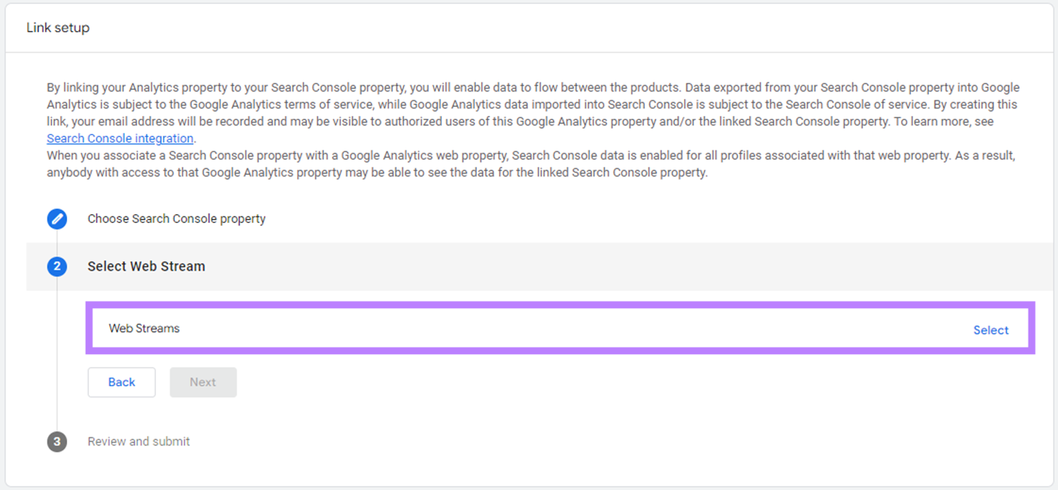 Étape 2 "Sélectionner le flux web" mise en évidence sous la page "Configuration de lien"