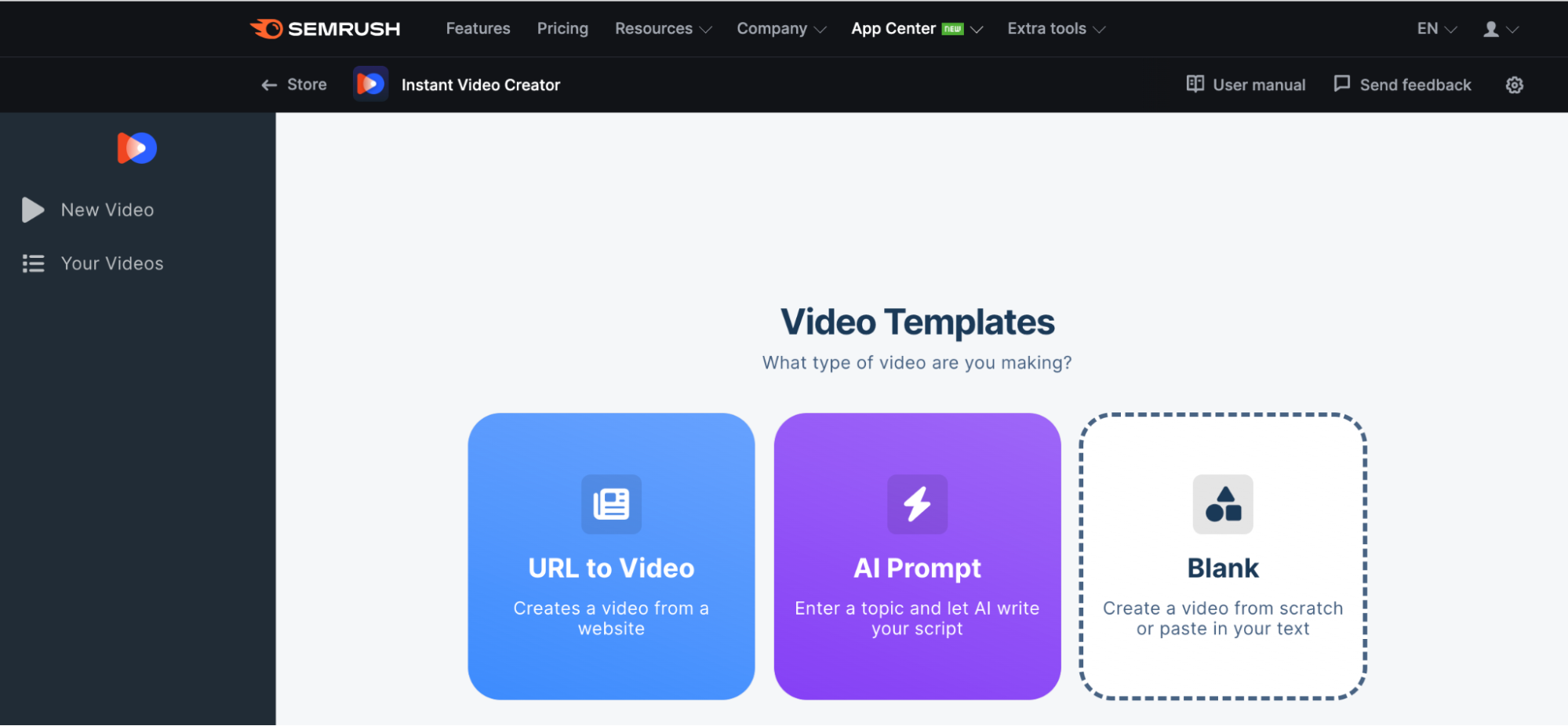 Le premier écran de l'application Instant Video Creator propose trois options pour la création de contenu : URL vers la vidéo, invite AI et vide.