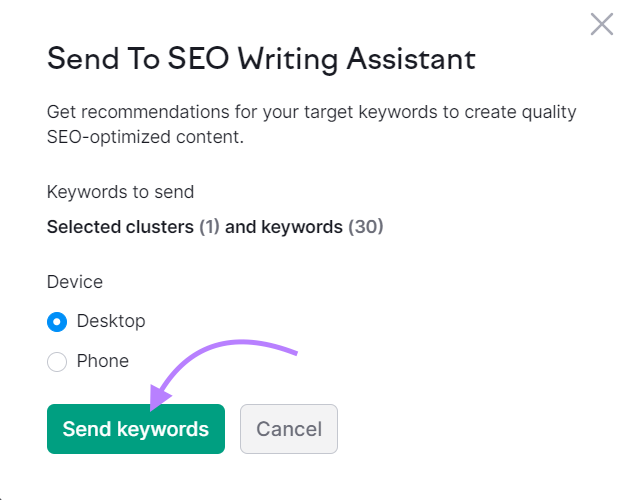 "Send to SEO Writing Assistant" page