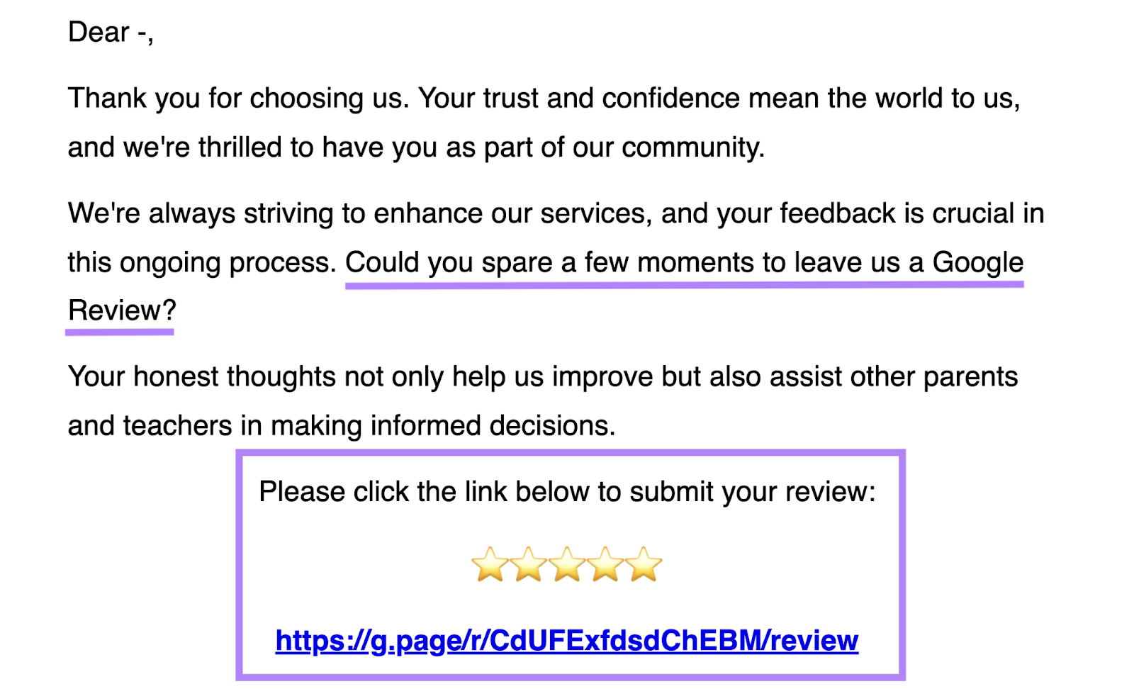 The email says, "Could you spare a few moments to leave us a Google review? Please click the link below to submit your review." A short link is included.