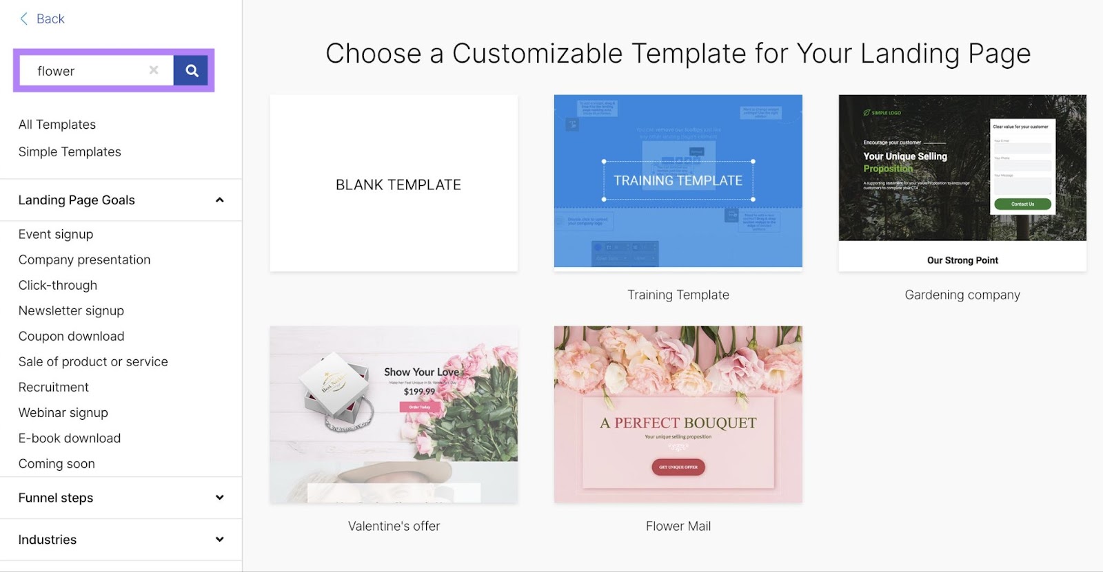 filtering templates in Landing Page Builder by "flower"