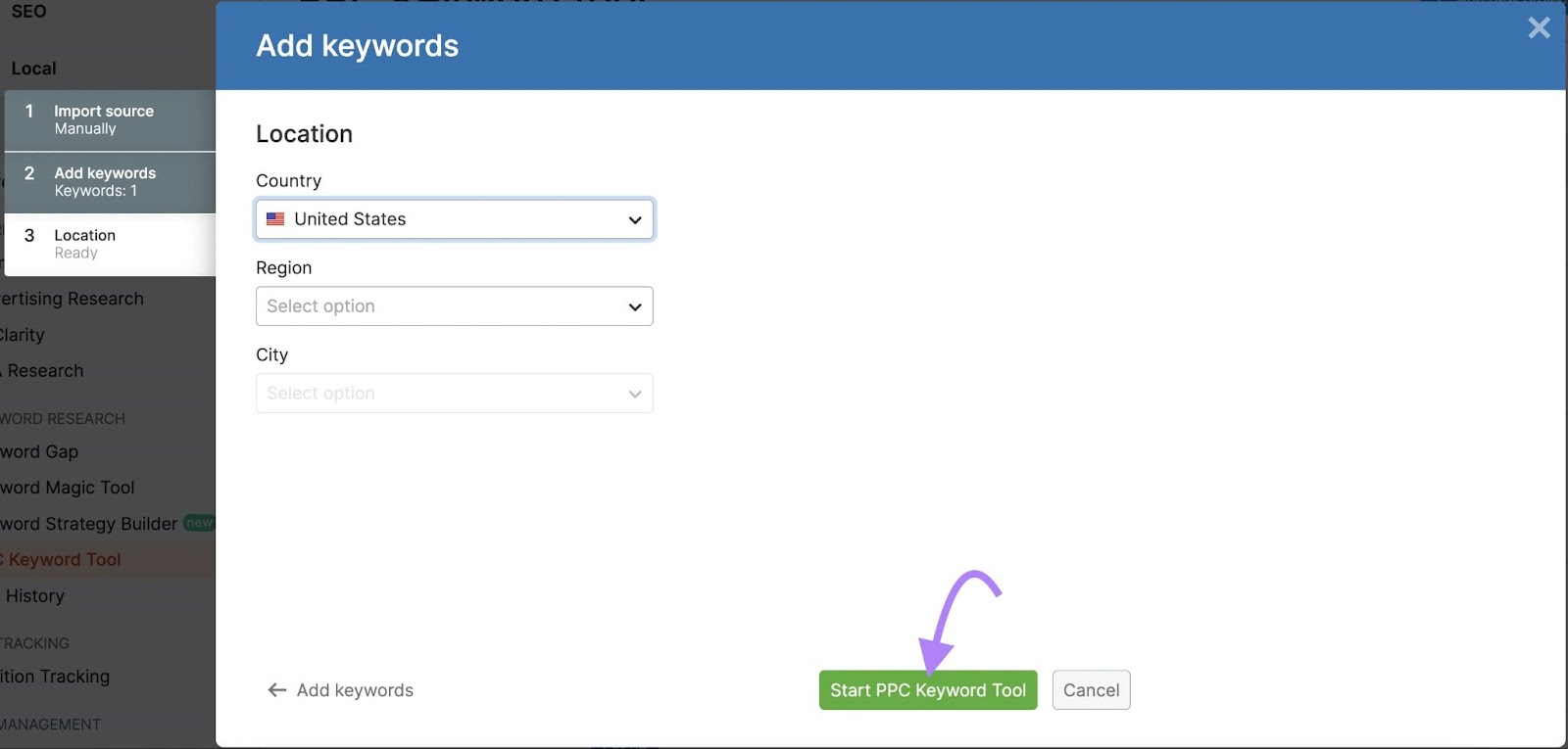 'Start PPC Keyword Tool' fastener  highlighted successful  determination  setup window