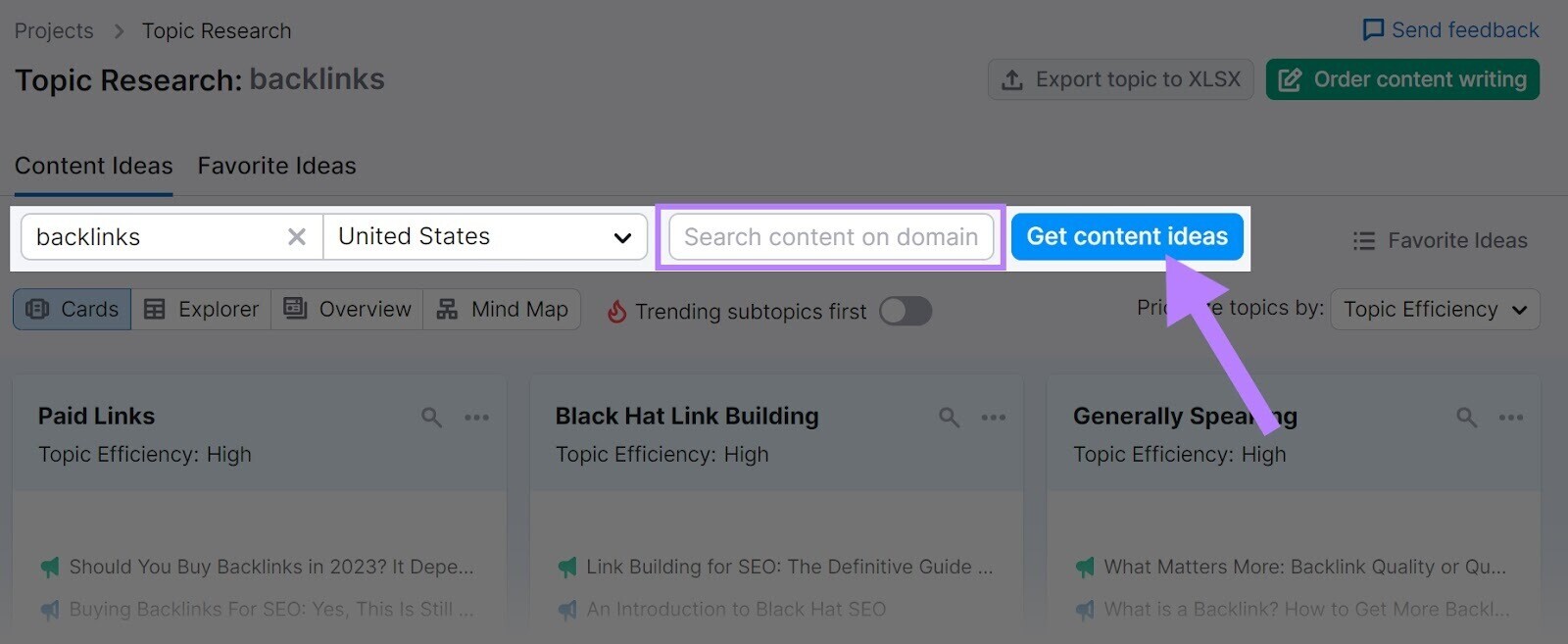 “Get content ideas” button highlighted