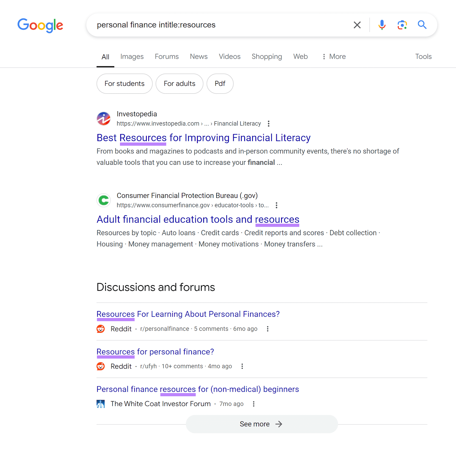 Google SERP for “personal finance intitle:resources” with 'resources' highlighted in result titles