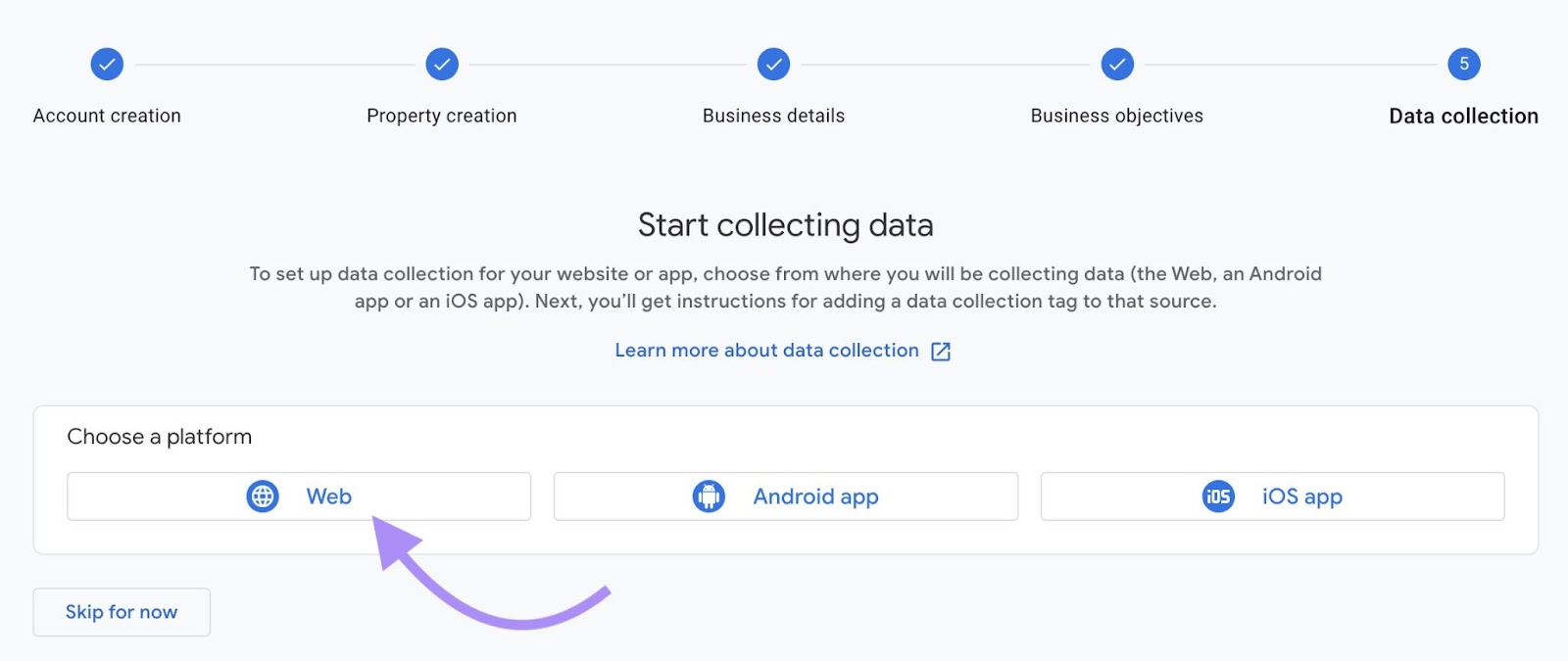 "Web" option selected under "Start collecting data" window