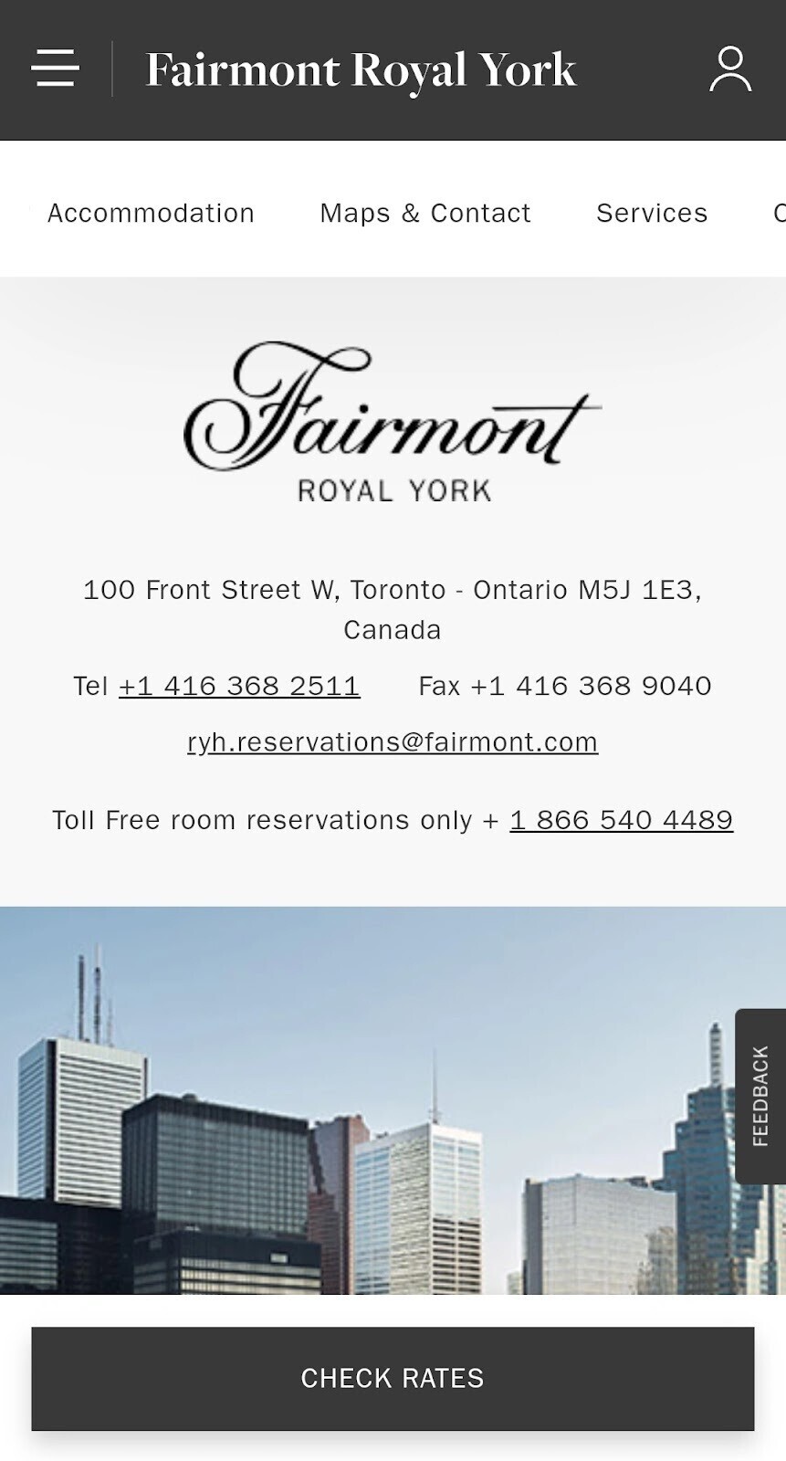 Fairmont Hotel in Toronto’s mobile website