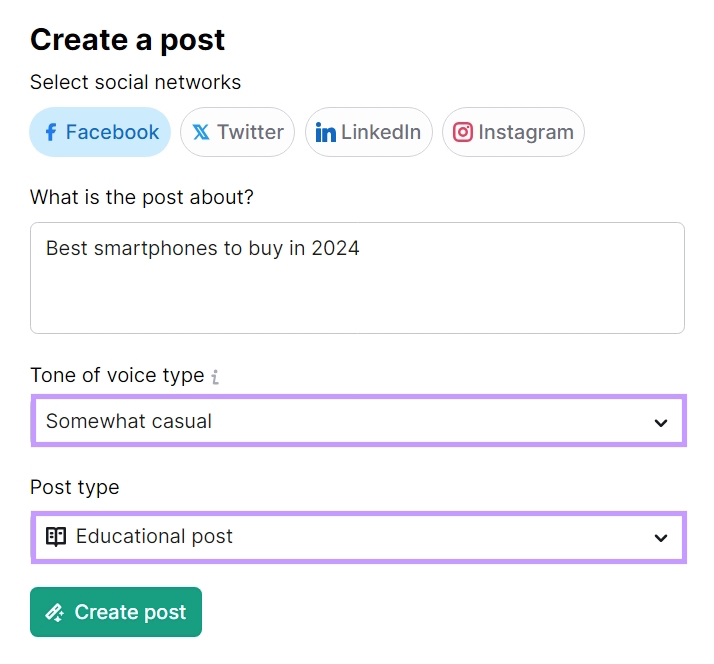 Contentshake AI input field to create a post showing fields to enter details such as tone of voice and post type.