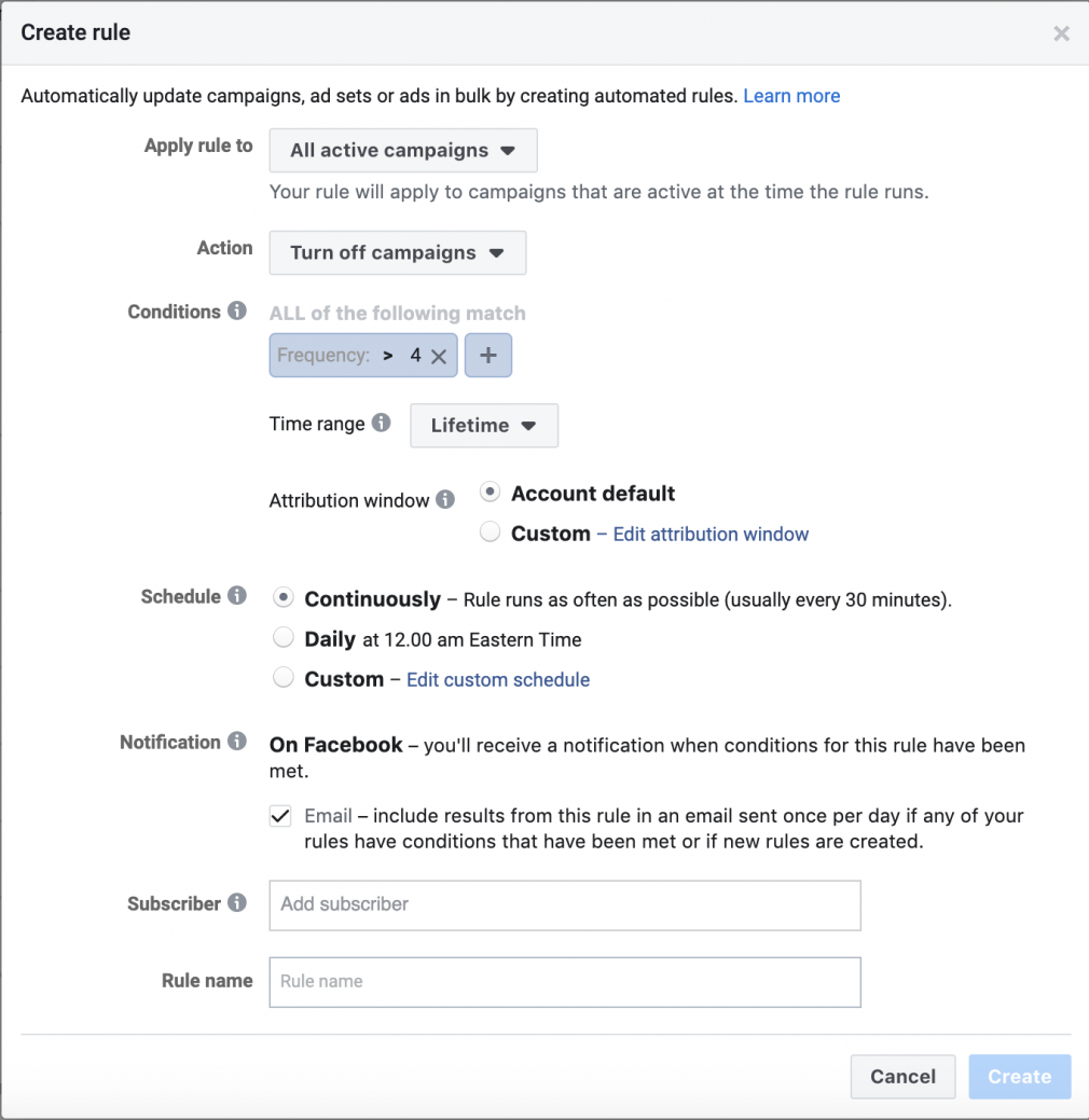 Facebook automated rules - Frequency