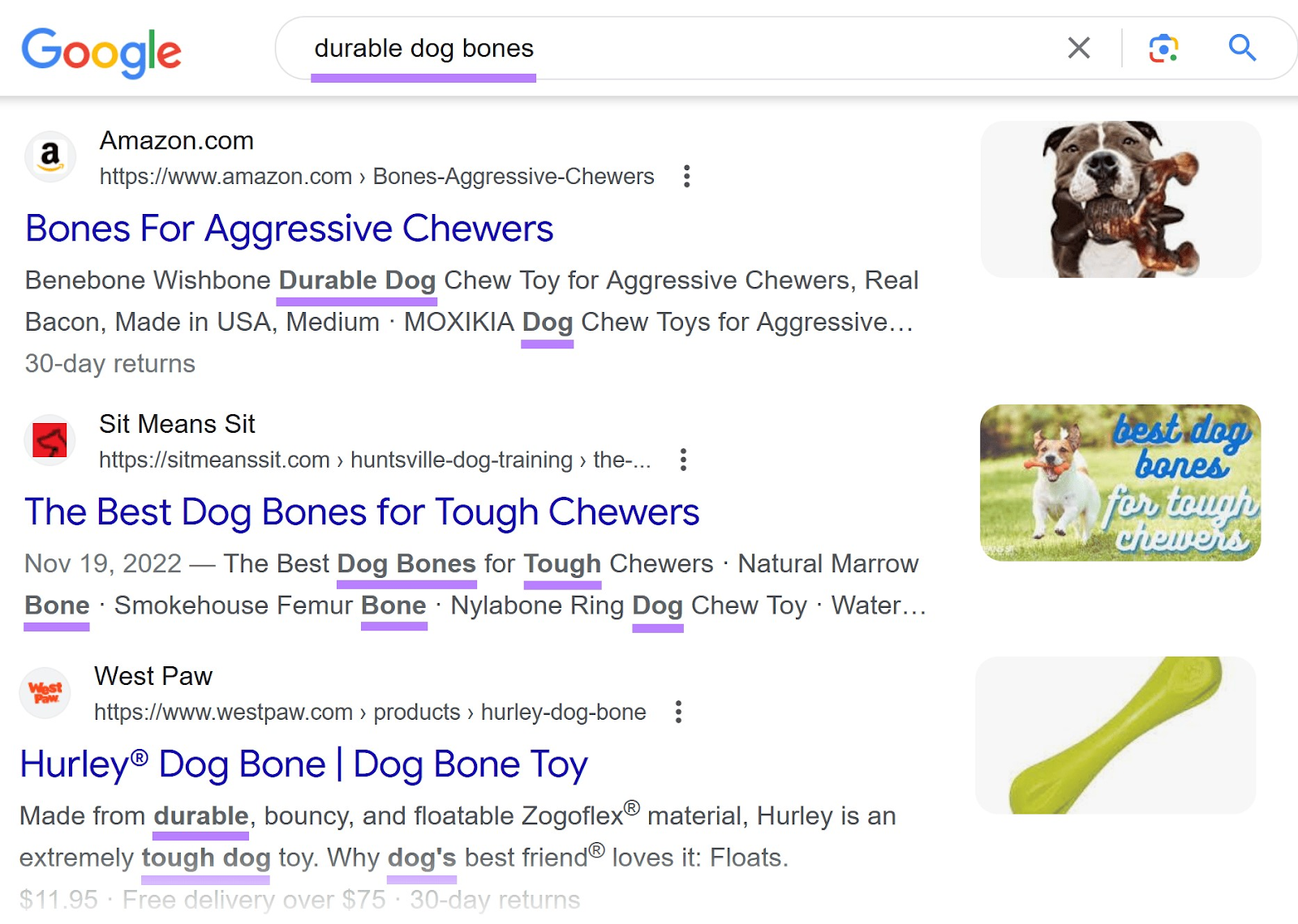Google search results for “durable dog bones” with keywords highlighted