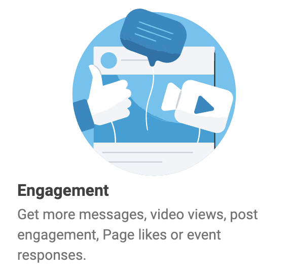 "Engagement" widget in Ads Manager that reads: "Get more messages, video views, post engagement, Page likes or event responses."