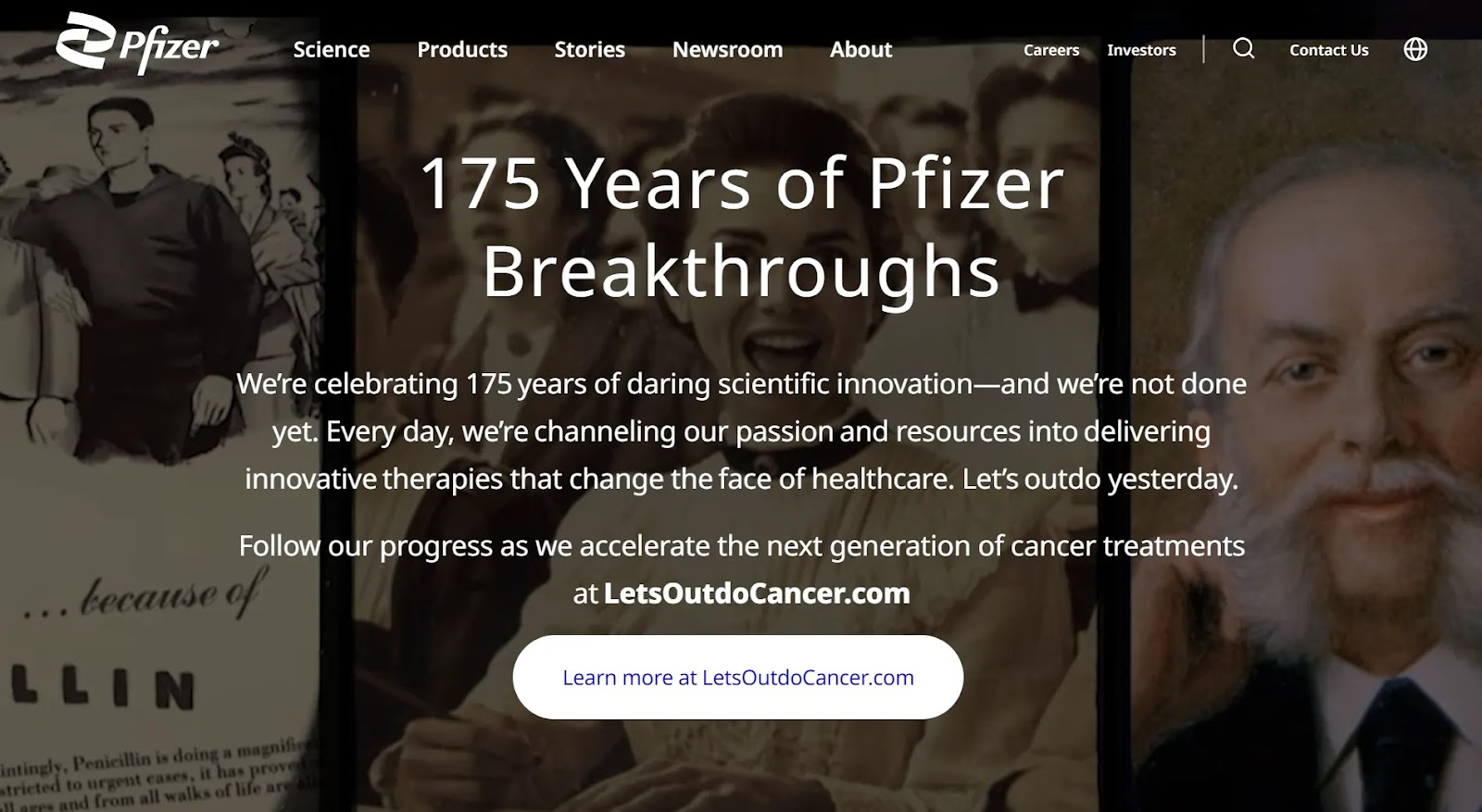 Pfizer's landing page celebrating 175 years of existence