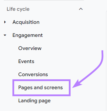Navigation to "Pages and screens" in GA menu