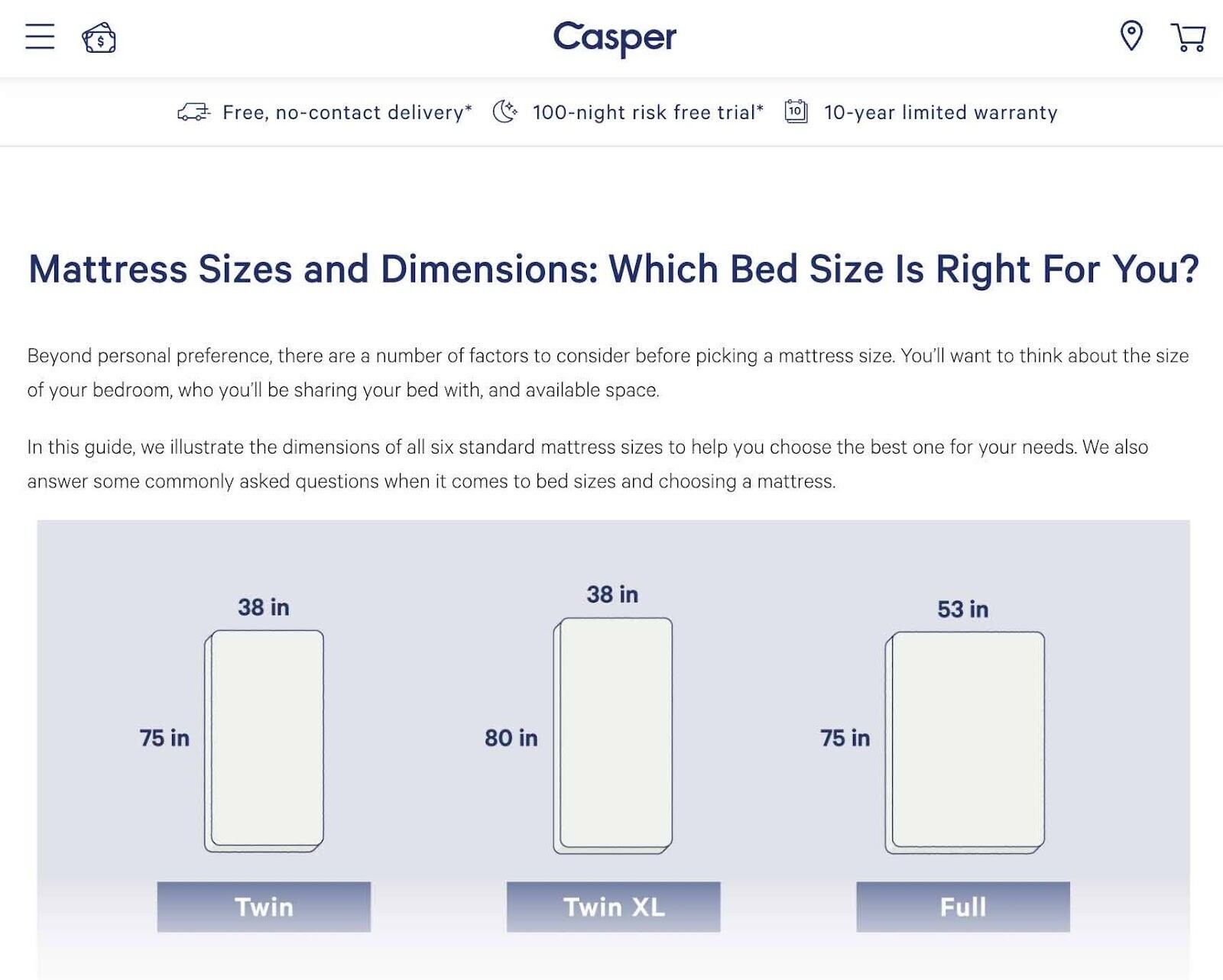 Casper mattress size comparison guide