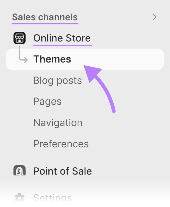 Navigation vers "Thèmes" dans le menu d'administration de Shopify