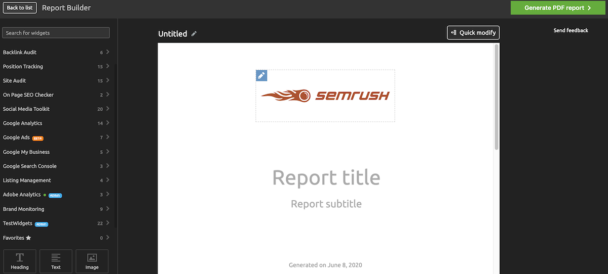 Customizable SEO report options from SEMrush