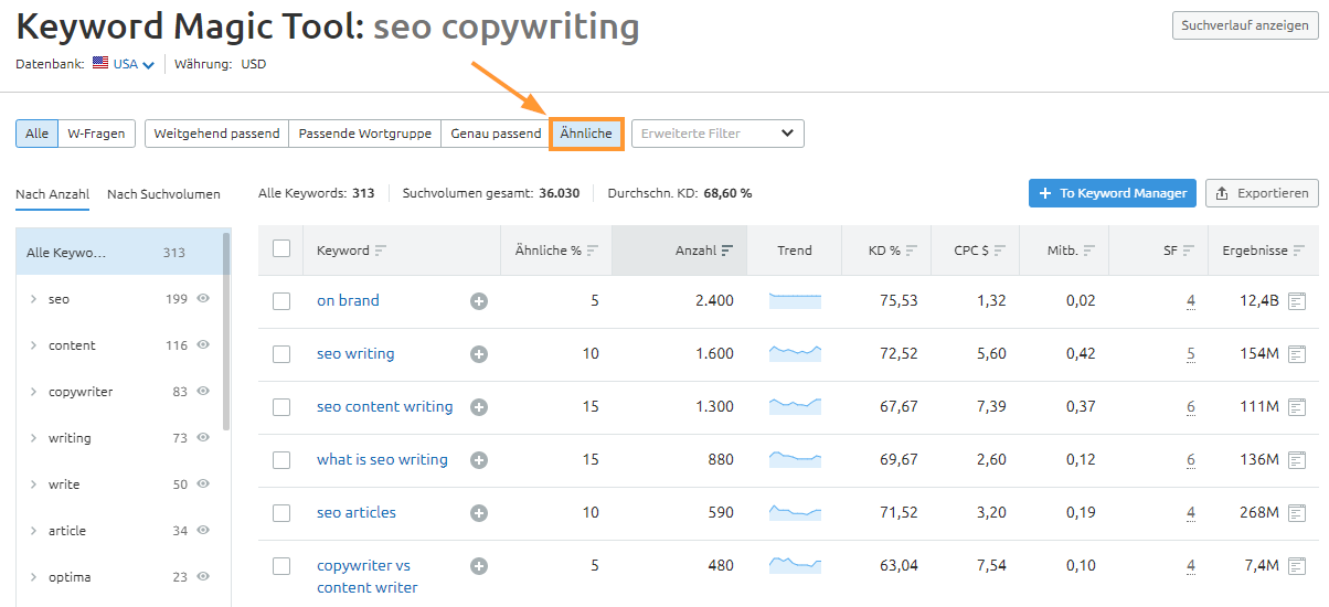 Mit SEMrush Ihre Keyword-Liste erweitern