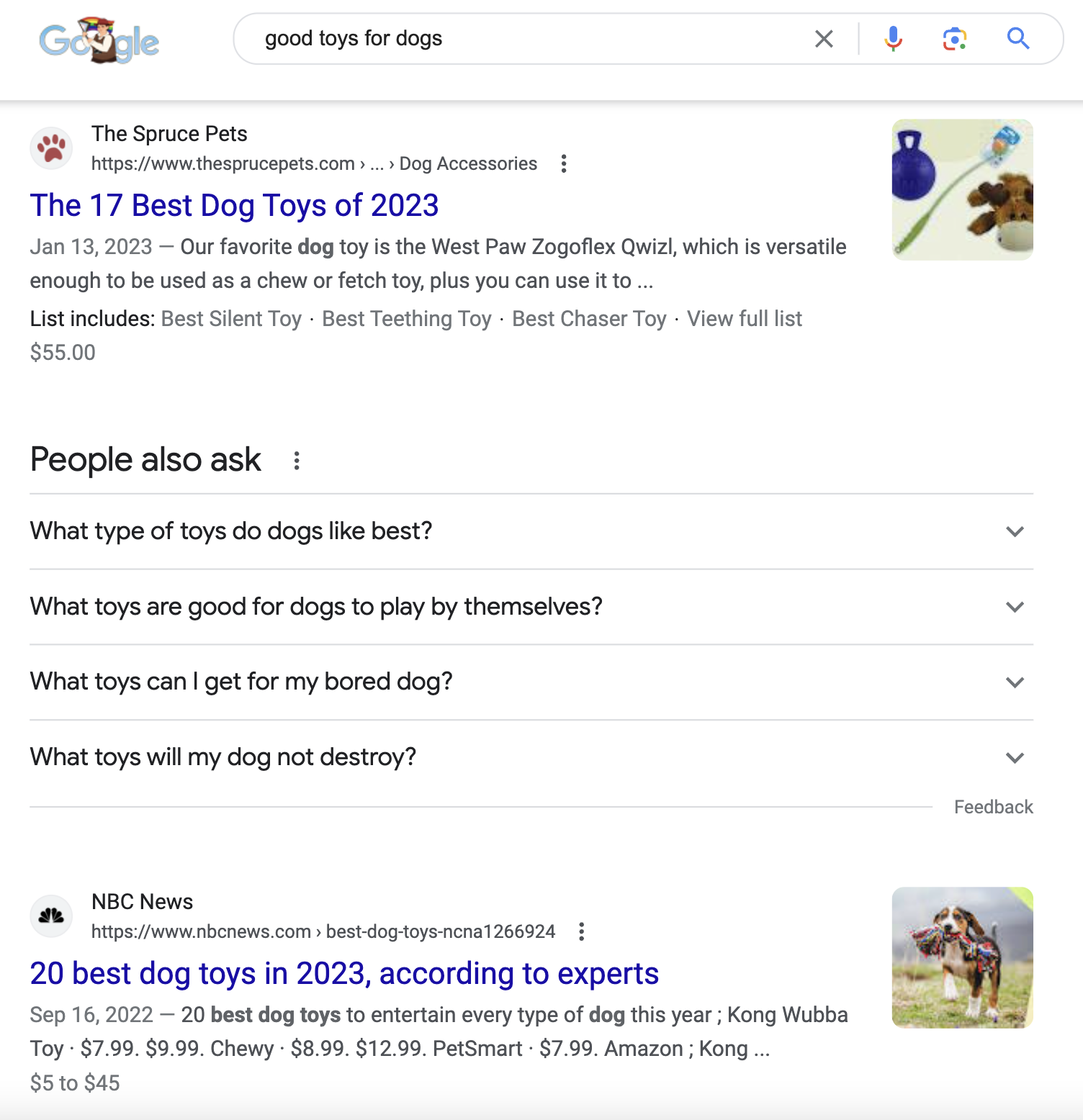 Google results for “good toys for dogs”
