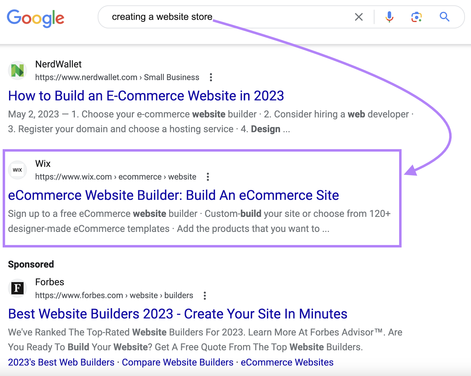 Wix' result on Google SERP for "creating a website store” query