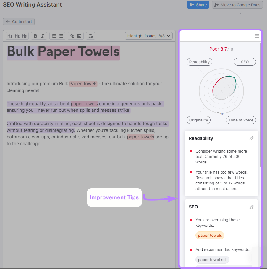 "Bulk Paper Towels" product description (left) and the score section with improvement recommendations (right) in SEO Writing Assistant