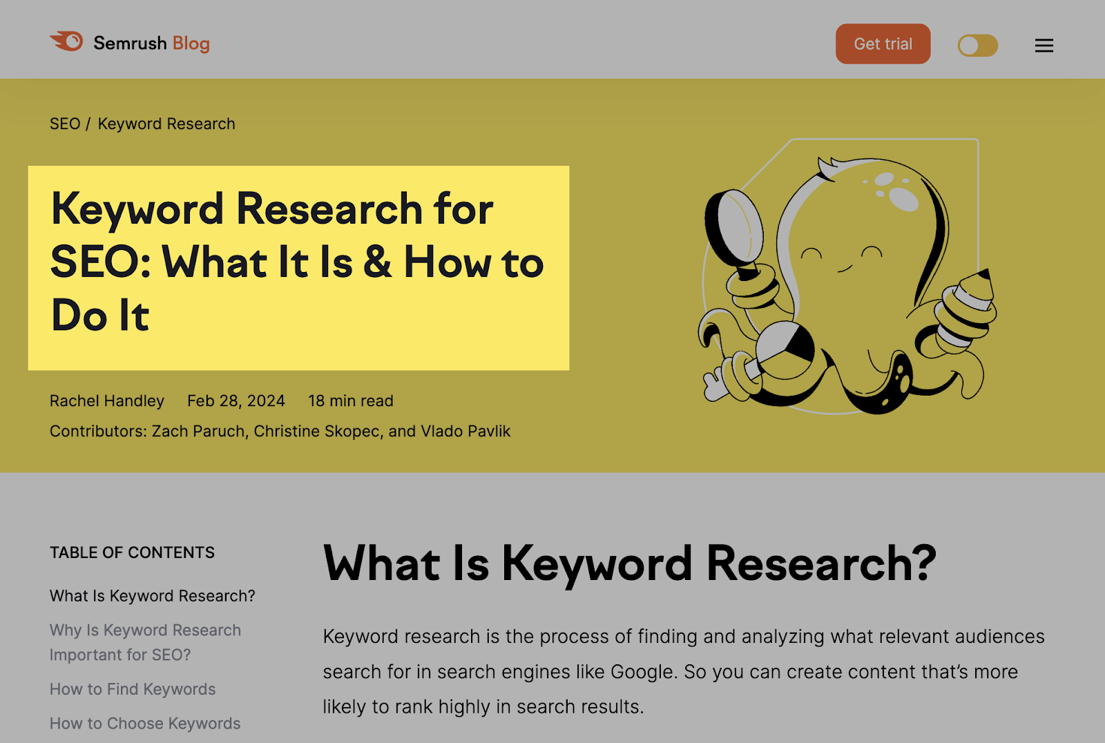 An H1 for a Semrush blog that reads: "Keyword Research for SEO: What It Is & How to Do It"