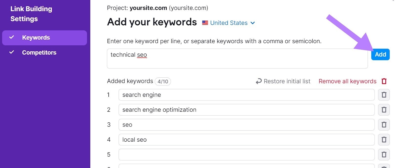 "Add your keywords" page