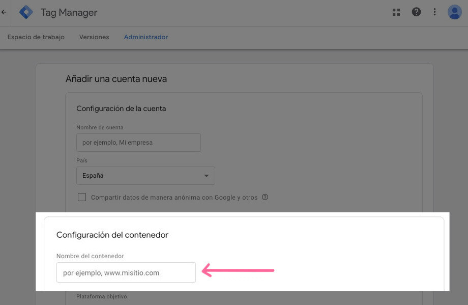 Introducir el nombre del contenedor en GTM