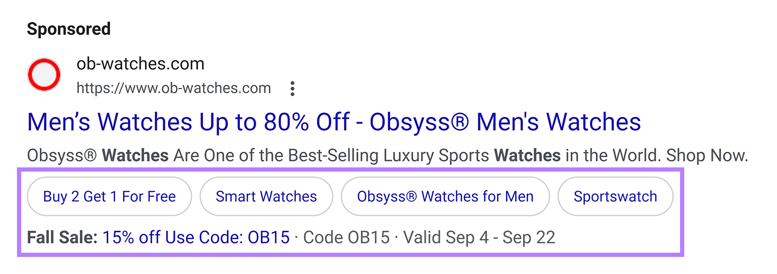 Google ad example with ad assets highlighted