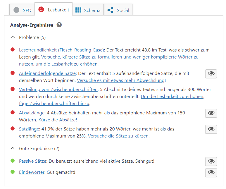 Lesbarkeitsanalyse in Yoast SEO für WordPress