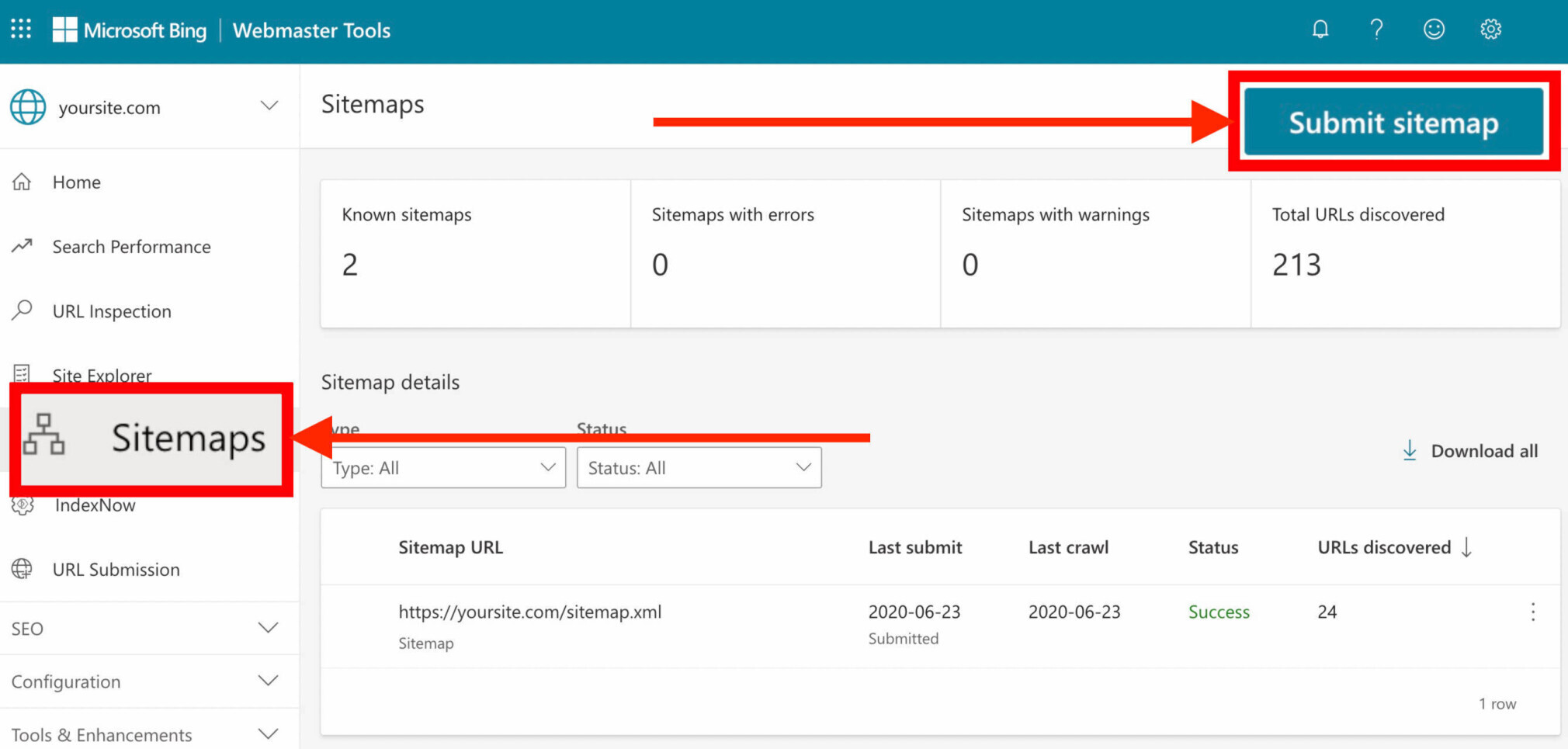 Bing's sitemap page