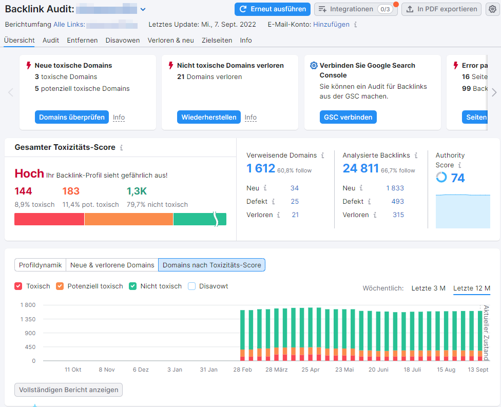 Screenshot: Toxische Backlinks im Backlink Audit