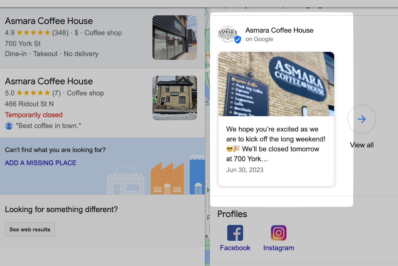 An example of a Google post showing on Asmara Coffee House business profile