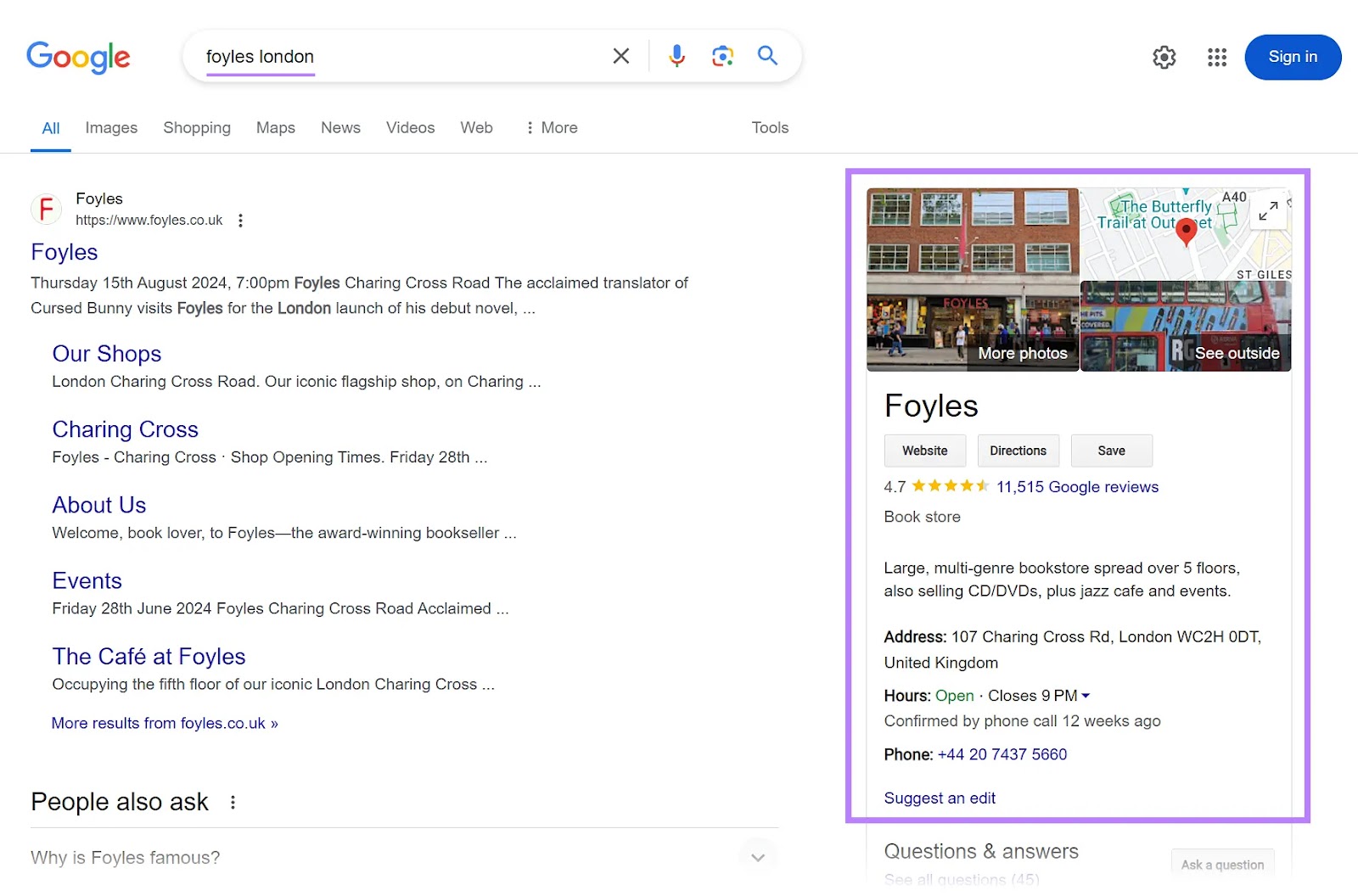 Google SERP for the "foyles london" keyword with the GBP listing highlighted