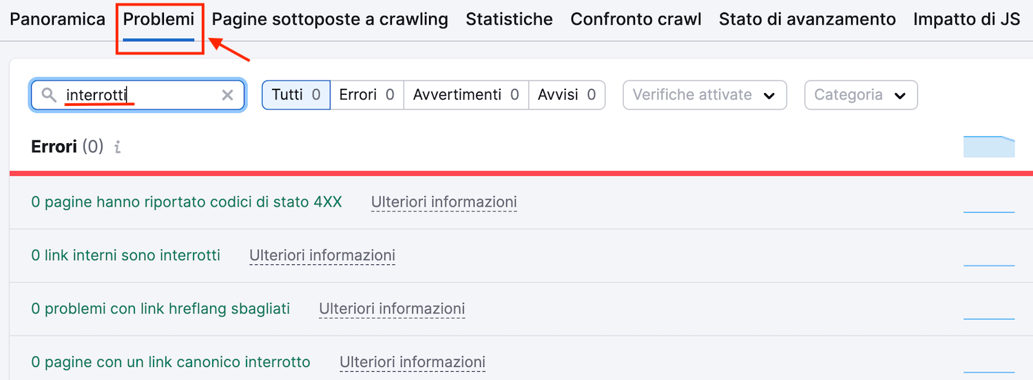 Link interrotti rilevati da Site Audit